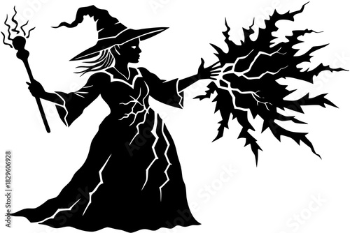 Black silhouette of a witch in a pointed hat casting a spell with a staff and crackling energy white