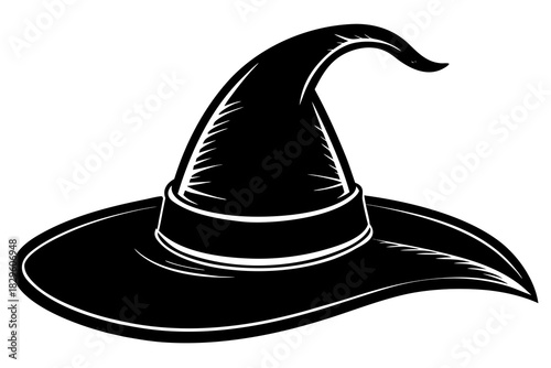 Black silhouette of a witch hat with a curved brim and pointed crown white isolated