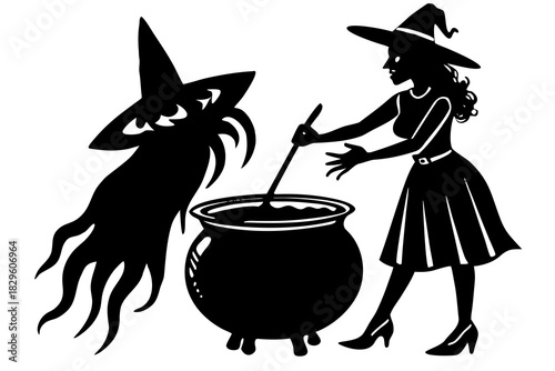 Black silhouette of a witch stirring a cauldron with a ghostly figure beside it vector