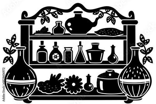 Black silhouette of a shelf filled with various bottles jars and decorative elements black and white