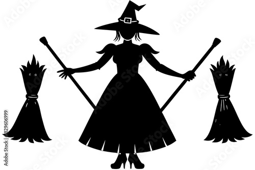 Black silhouette of a witch wearing a pointed hat and long dress holding two brooms white illustration