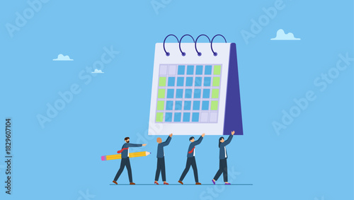Businessman and businesswoman carry big calendar plan with pencil. Project schedule, employee timetable, team meeting schedule or appointment, calendar date planning, agenda or project deadline.