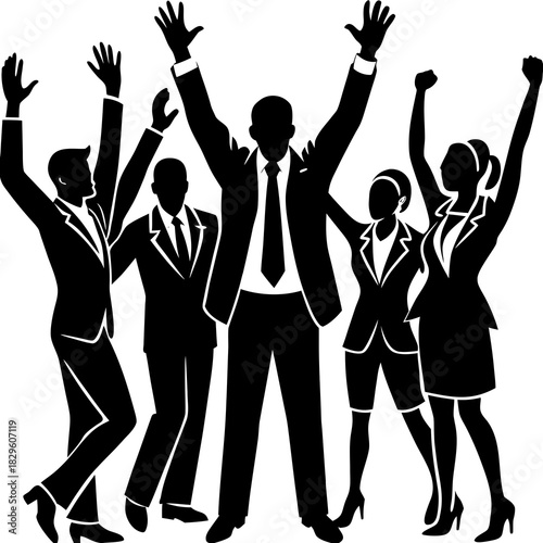 Black silhouette of diverse business people celebrating with raised arms celebration success