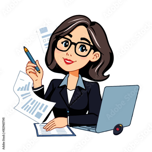 Cartoon of a woman working at a desk with a laptop and paperwork.