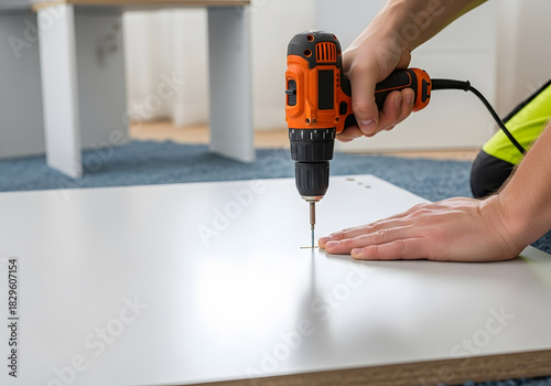 Wallpaper Mural Closeup of a persons hands using an orange and black power drill to fasten a screw into a lightcolored piece of furniture or shelving component lying flat on a blue carpeted floor Torontodigital.ca