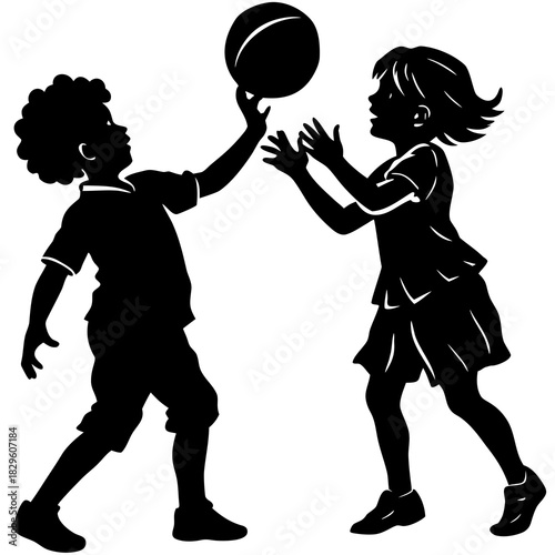 Black silhouette of two children playing with a ball on a white background vector