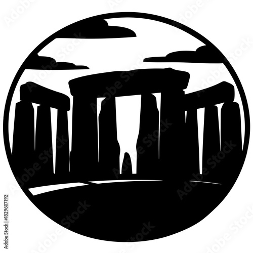 Black silhouette of Stonehenge monument with clouds within a circle ancient prehistoric