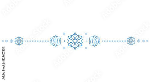 Decorative horizontal divider with blue snowflakes arranged around a central motif and dotted lines on a clean white background, perfect for winter invitations, greeting cards, web banners and holiday