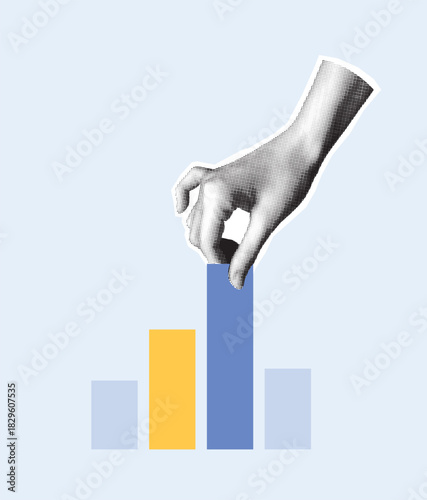 Hand placing block on bar chart. Modern cutout halftone collage. Business analytics and statistics concept for design. Vector illustration.