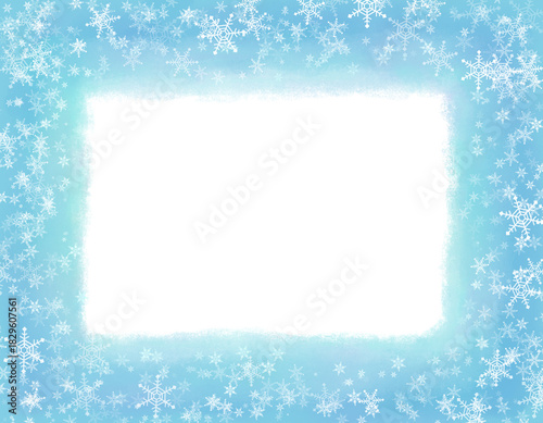 雪の結晶と水色の水彩枠、季節の背景素材