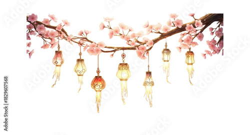 Lanterns on cherry blossom branches