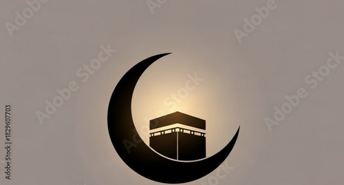 Silhouette of the Kaaba and the crescent moon