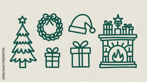 Illustration of christmas tree wreath santa hat gifts and fireplace in green outline on light background