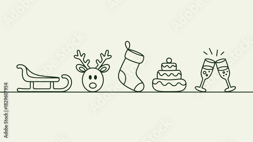 A christmas line art illustration featuring a sleigh reindeer stocking cake and champagne glasses toasting