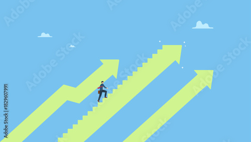Businessman walk up arrow stair for victory. Step to success, improvement, challenge or career growth development, leadership progress, career path direction or stairway to win business.