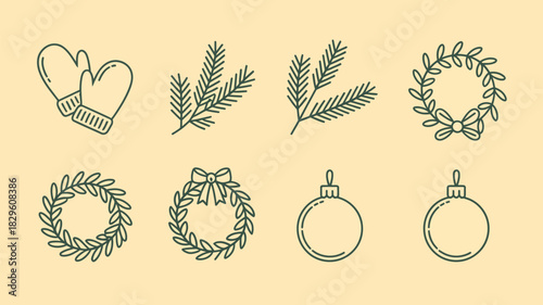 A christmas themed outline illustration featuring mittens wreaths branches and christmas ornaments on cream