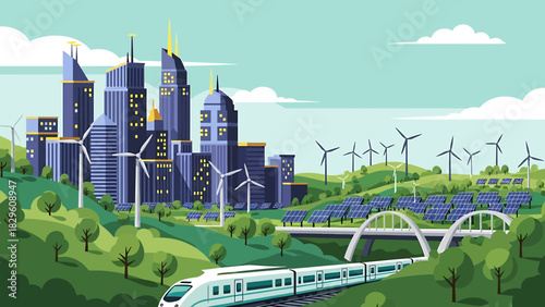 Sustainable Cityscape with Renewable Energy and High-Speed Train.
