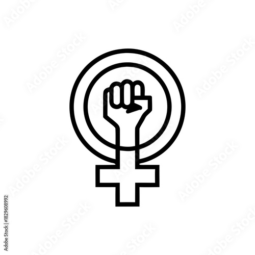Raised fist within a gender symbol outline on transparent background silhouette