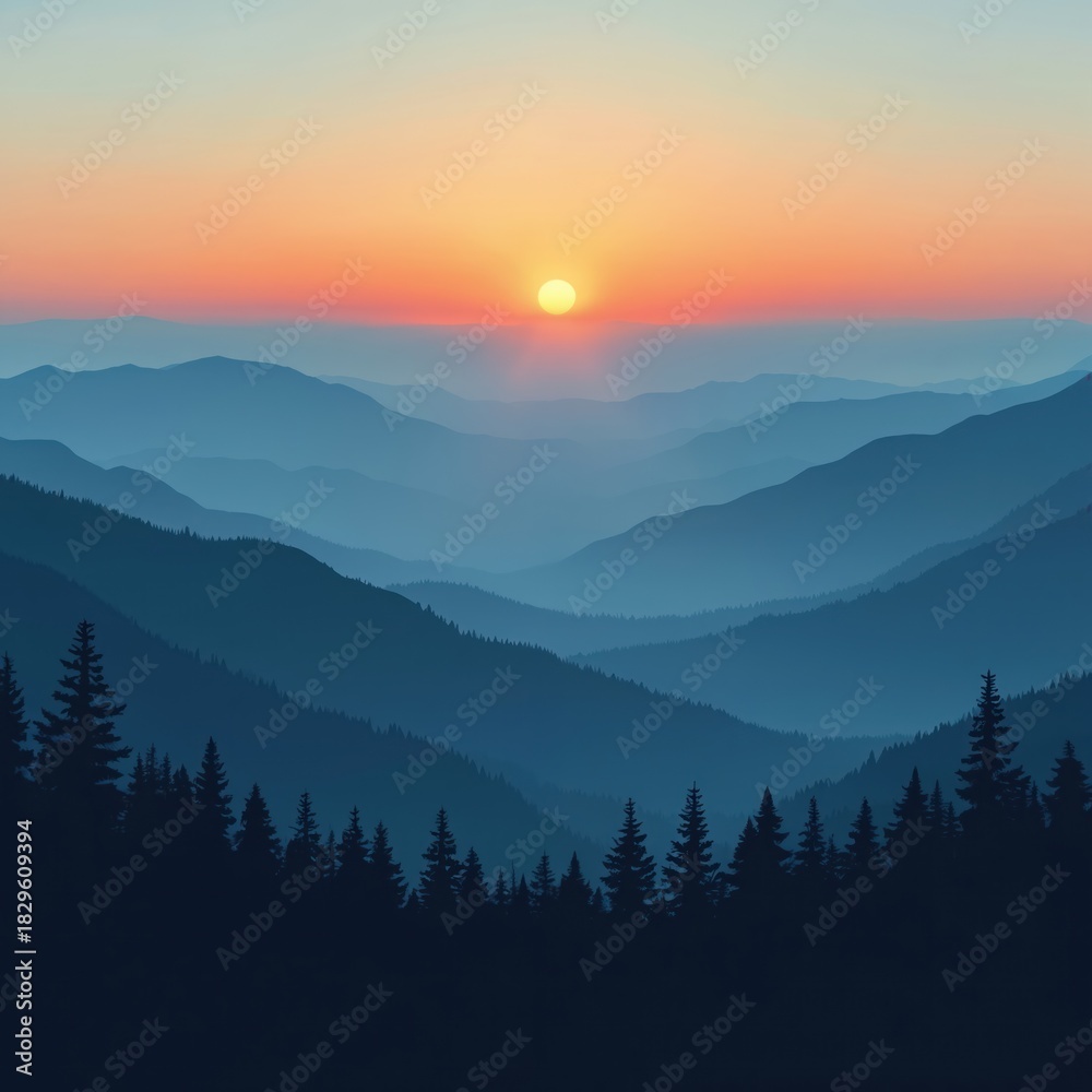 Obraz premium Mountain layers landscape at sunrise. Foggy valley with pine forest silhouette under colorful sky. Blue hills in morning mist create serene peaceful view. Natural scenic background for adventure