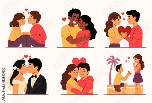 Romantic Couple Poses – Vector Pack- A charming collection of cartoon-style vector illustrations featuring romantic couples in affectionate poses.