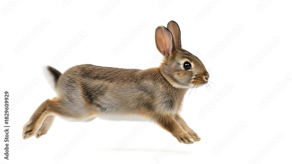 Obraz premium A small brown rabbit with a white tail is captured mid-leap against a clean white background, showcasing its agility.
