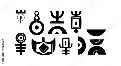 Row of ancient black geometric glyphs forming a decorative symbolic composition.