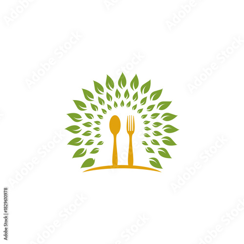 Organic Food Spoon and Fork Logo with Leaf Sunburst