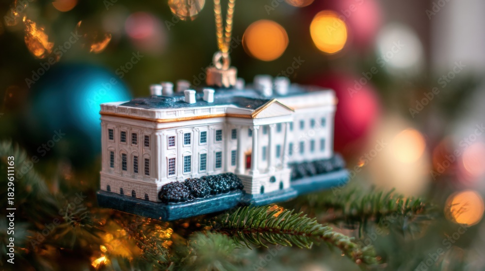 Fototapeta premium White House ornament hanging on a Christmas tree with colorful lights