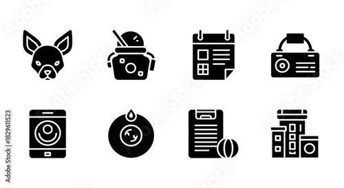 Set of black glyph icons representing dog care, supplies, and veterinary services for pet ownership concept