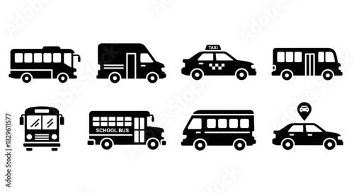 Set of black silhouette icons representing various public and commercial transport vehicles