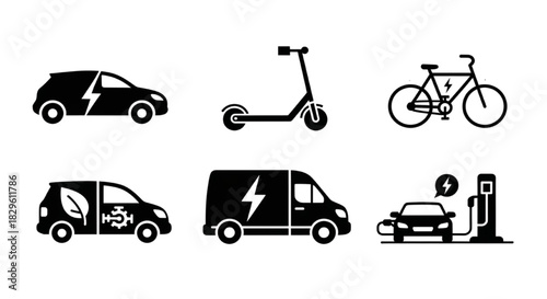 Set of black icons representing electric vehicles like cars, scooters, and bikes for sustainable mobility