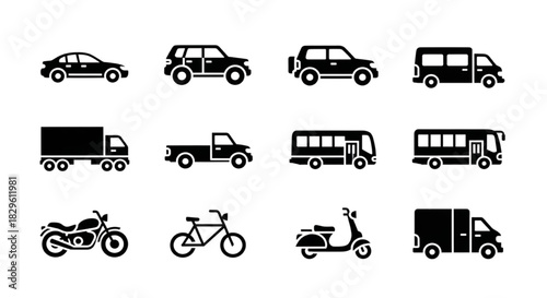 Collection of Transportation Icons Cars, Trucks, Motorcycles, and More