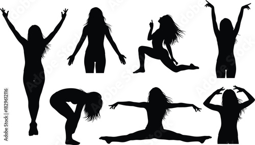 Silhouette of person dancing in expressive poses, black vector illustration, movement flexibility, performance art, dynamic gesture, artistic motion