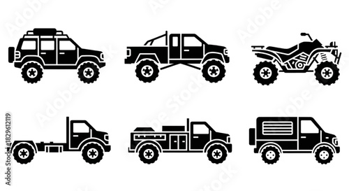 Collection of Vehicle Icons SUV, Pickup Truck, ATV, and Various Transportation Symbols