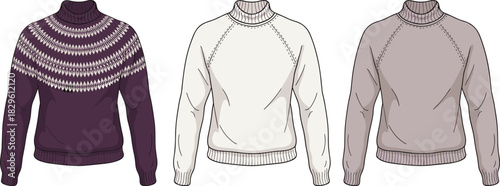 Winter sweater flat sketch, Nordic and plain version, long sleeve, turtleneck, raglan seam, vector fashion CAD drawing illustration