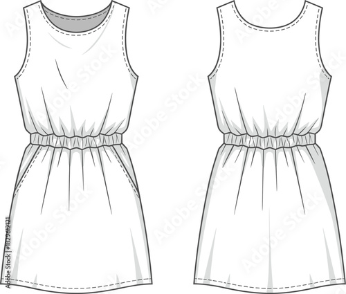 Sleeveless dress technical flat sketch, front and back view, elastic waist, round neck, vector fashion CAD drawing illustration
