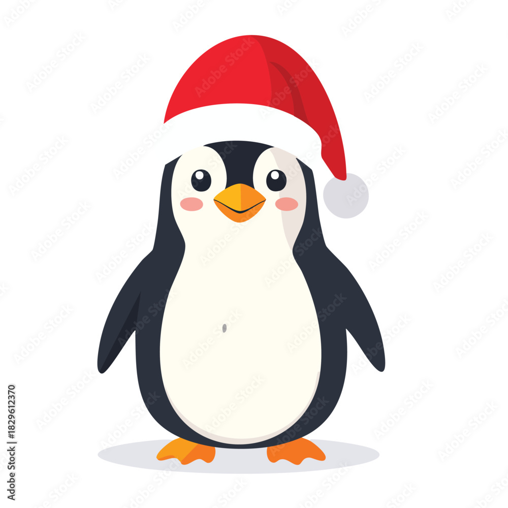 Fototapeta premium Cute cartoon penguin wearing a red Santa hat, standing on a white background, perfect for Christmas and winter holiday themes.