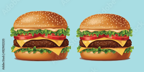 Juicy cheeseburgers, beef patties, melted cheese, sesame buns, fresh lettuce, tomato slices, food comparison, tasty meal, flat vector illustration