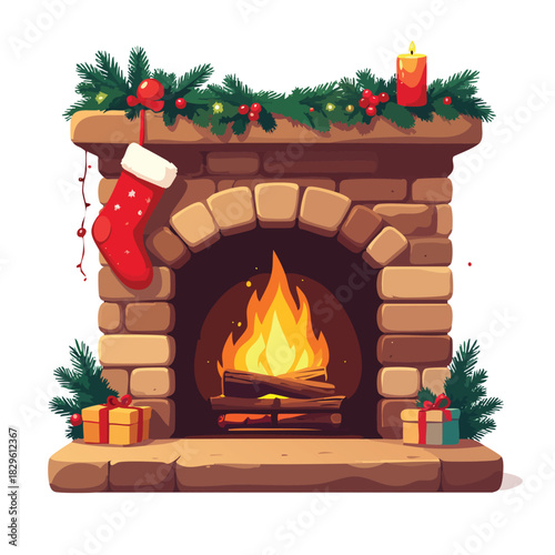 A festive brick fireplace adorned with Christmas garland, a red stocking, burning logs, and gift boxes, radiating warmth and holiday cheer.