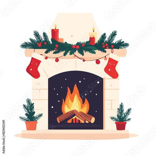 A cozy Christmas fireplace with festive decorations, stockings, garland, candles, and a warm fire.