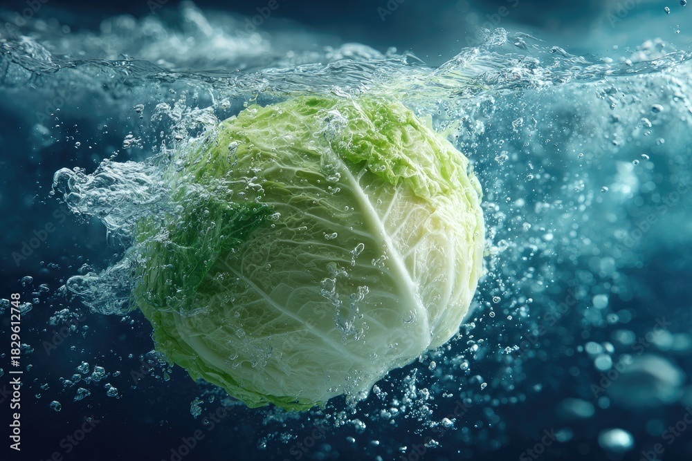 Obraz premium Fresh head of cabbage submerged in water, splashing