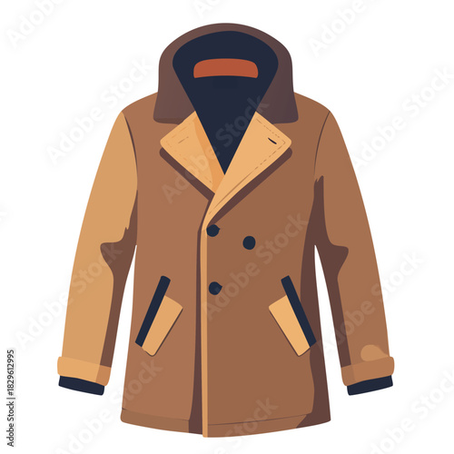 A stylish brown pea coat with a wide collar and double-breasted buttons, perfect for cold weather.