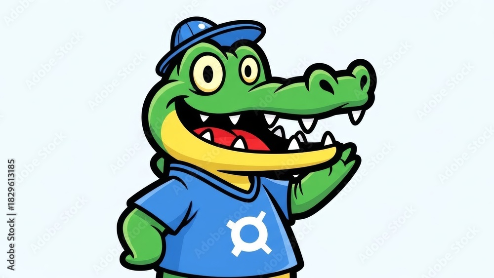 Obraz premium Playful cartoon crocodile character dressed in casual blue attire and a hat