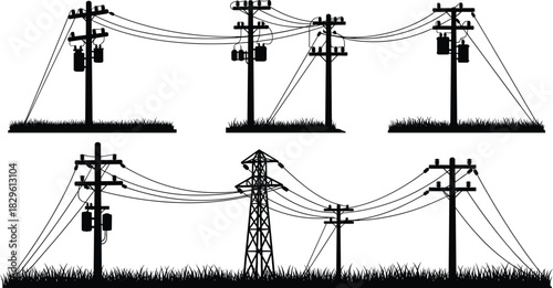 Silhouettes of Utility Poles and Transmission Towers, Diverse Power Line Configurations, Transformers and Insulators, Vector Illustration for Energy Infrastructure and Electrical Distribution