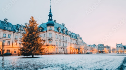 Fototapeta Naklejka Na Ścianę i Meble -  Winter scene with decorated tree in front of historic building at sunset