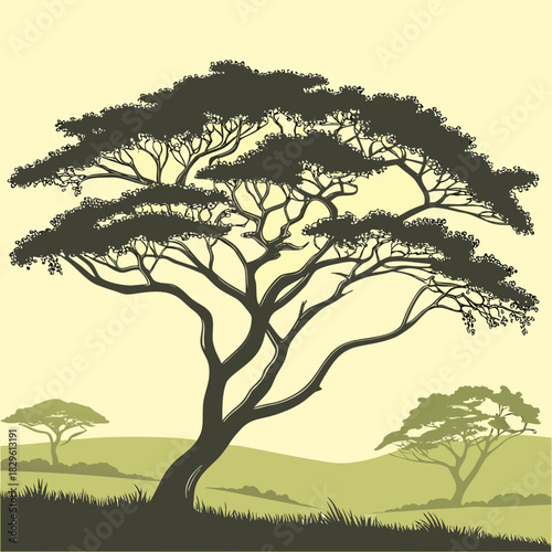 Iconic silhouette of a large acacia tree with sprawling branches and dense foliage against a soft yellow sky in a stylized african savanna landscape with rolling hills and distant trees