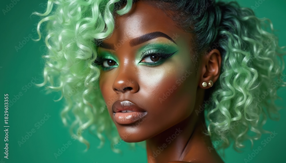 Obraz premium Beautiful young black woman features vibrant curly ombre green hair. Wears striking green eye make up, with perfect winged eyeliner, long lashes, glossy full lips. Stylish modern fashion beauty