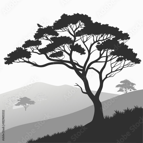 A solitary bird perches on the sprawling branches of a silhouetted acacia tree against a backdrop of rolling hills and distant trees in a serene monochrome landscape