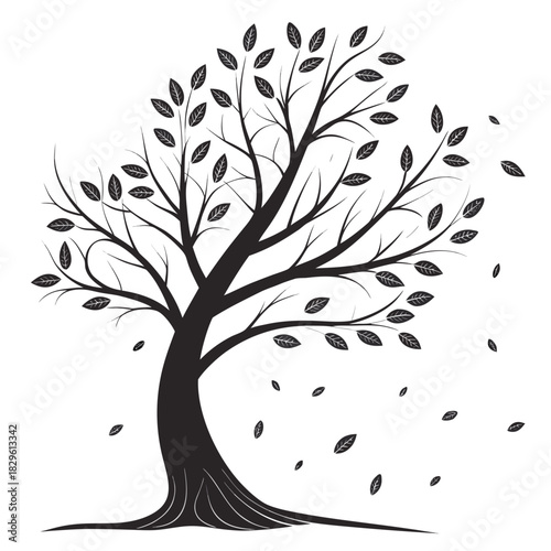 Stylized black silhouette of a deciduous tree with sparse leaves and falling leaves against a white background