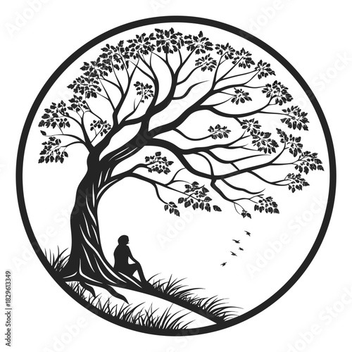 Silhouette of a person sitting under a large stylized tree with spreading branches and leaves within a circular frame symbolizing nature and contemplation